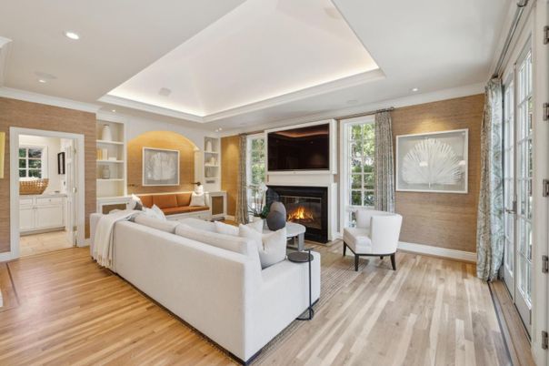 Fireplace, Interior, Living room, Recessed Lighting, Wood Texture Flooring