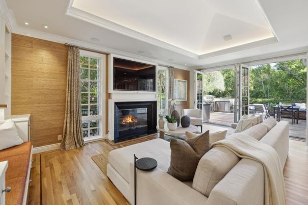 Fireplace, Interior, Living room, Recessed Lighting, Wood Texture Flooring, Wooden Walls