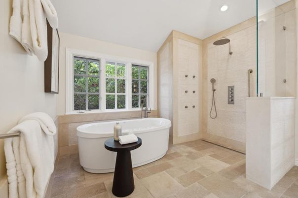 Bathroom, Free Standing Baths, Glass Shower, Interior, Recessed Lighting