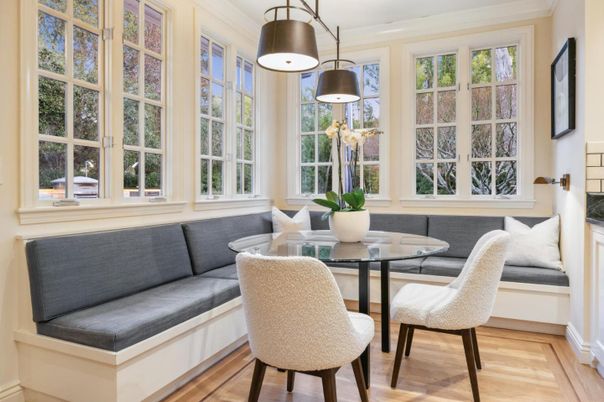 Dining room, Interior, Pendant Lights, Wood Texture Flooring
