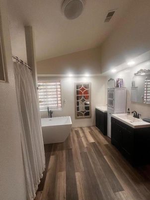 Bathroom, Dual Sink Vanities, Interior, Recessed Lighting, Wood Texture Flooring