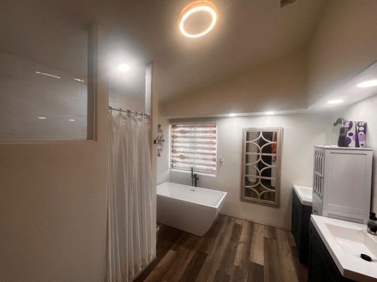Bathroom, Free Standing Baths, Interior, Recessed Lighting, Wood Texture Flooring