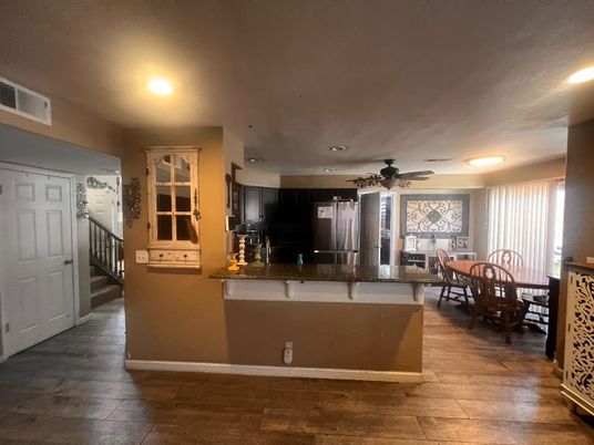 Dining room, Interior, Kitchen, Recessed Lighting, Wood Texture Flooring