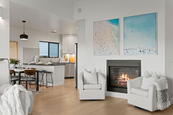 Dining room, Fireplace, Interior, Kitchen, Living room, Pendant Lights, Recessed Lighting, Wood Texture Flooring