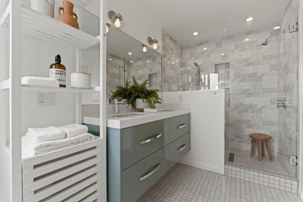 Bathroom, Dual Sink Vanities, Glass Shower, Interior, Marble Walls, Recessed Lighting