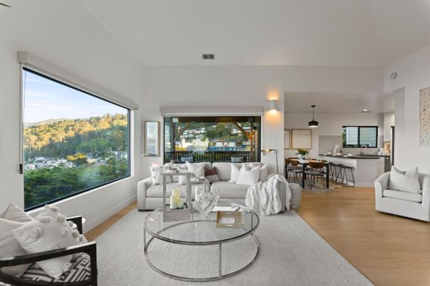 Dining room, Interior, Living room, Pendant Lights, Wood Texture Flooring