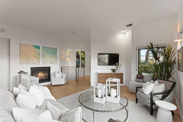 Fireplace, Interior, Living room, Recessed Lighting, Wood Texture Flooring