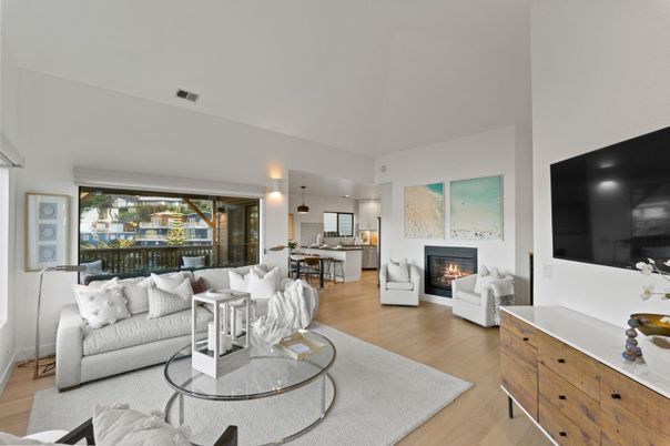Dining room, Fireplace, Interior, Living room, Pendant Lights, Wood Texture Flooring