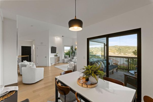 Dining room, Interior, Living room, Pendant Lights, Wood Texture Flooring