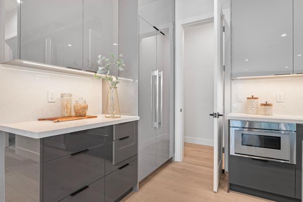 Interior, Kitchen, Recessed Lighting, Stainless Steel Appliances, Wood Texture Flooring
