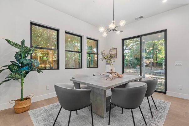 Dining room, Interior, Pendant Lights, Recessed Lighting, Wood Texture Flooring