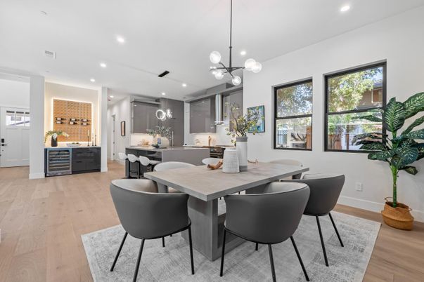 Dining room, Interior, Pendant Lights, Recessed Lighting, Wood Texture Flooring