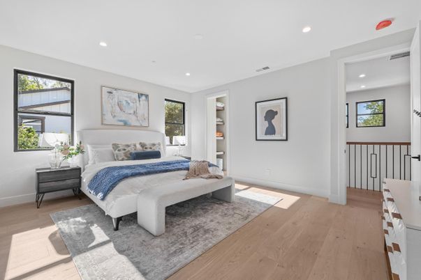 Bedroom, Interior, Recessed Lighting, Wood Texture Flooring
