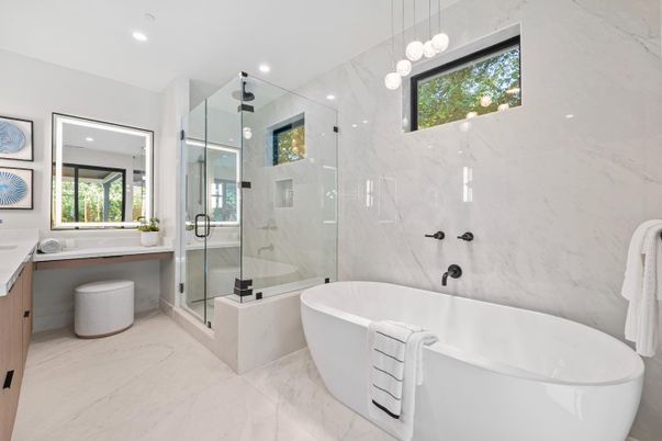 Bathroom, Free Standing Baths, Glass Shower, Interior, Marble, Marble Walls, Pendant Lights, Recessed Lighting