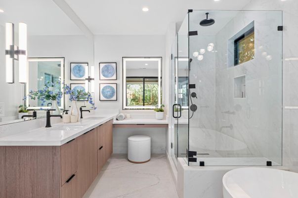 Bathroom, Dual Sink Vanities, Glass Shower, Interior, Marble, Marble Walls, Recessed Lighting