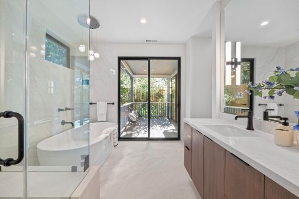 Bathroom, Dual Sink Vanities, Free Standing Baths, Glass Shower, Interior, Marble, Marble Walls, Pendant Lights, Recessed Lighting