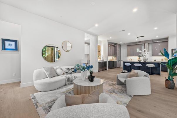 Interior, Kitchen, Living room, Pendant Lights, Recessed Lighting, Wood Texture Flooring