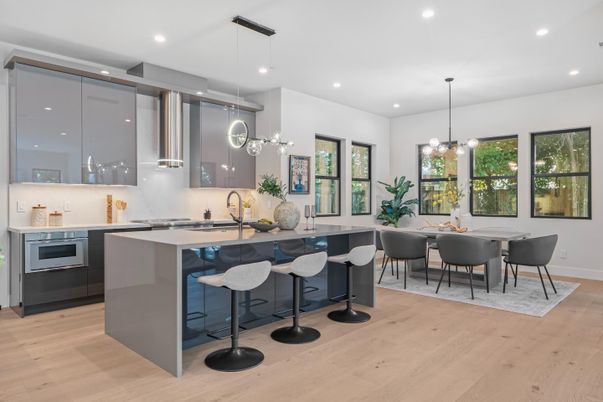 Dining room, Interior, Kitchen, Pendant Lights, Recessed Lighting, Stainless Steel Appliances, Wood Texture Flooring