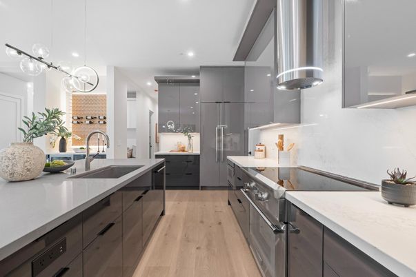 Interior, Kitchen, Pendant Lights, Recessed Lighting, Stainless Steel Appliances, Wood Texture Flooring