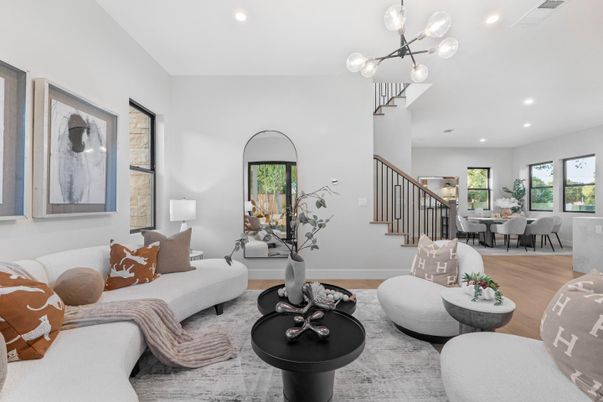 Dining room, Interior, Living room, Pendant Lights, Recessed Lighting, Wood Texture Flooring