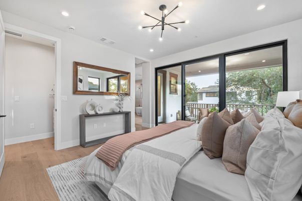 Bedroom, Interior, Pendant Lights, Recessed Lighting, Wood Texture Flooring