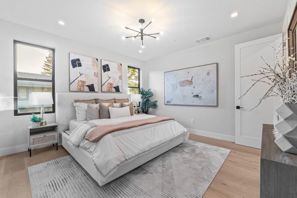 Bedroom, Interior, Pendant Lights, Recessed Lighting, Wood Texture Flooring