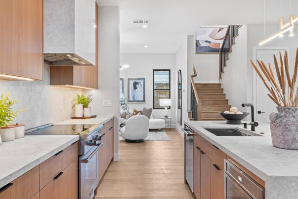 Interior, Kitchen, Living room, Recessed Lighting, Stainless Steel Appliances, Wood Texture Flooring