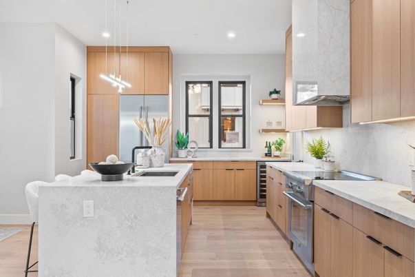 Interior, Kitchen, Pendant Lights, Recessed Lighting, Wood Texture Flooring
