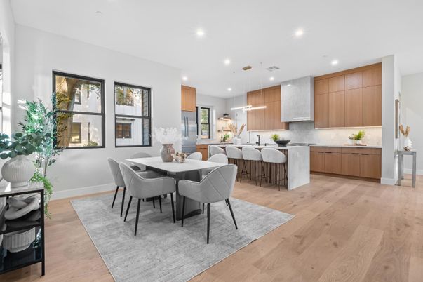 Dining room, Interior, Kitchen, Pendant Lights, Recessed Lighting, Wood Texture Flooring
