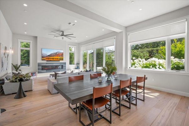 Dining room, Fireplace, Interior, Living room, Recessed Lighting, Wood Texture Flooring