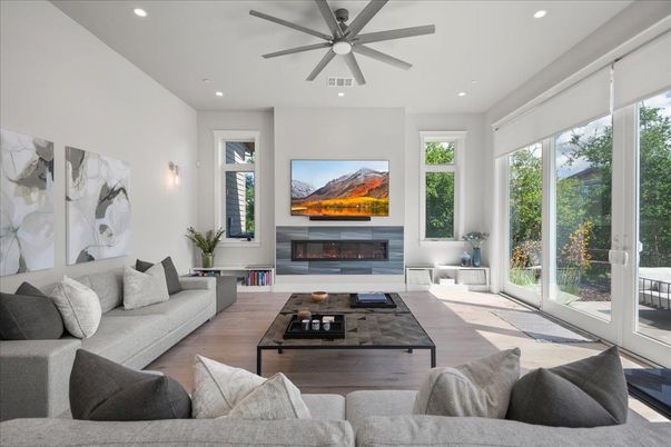 Fireplace, Interior, Living room, Recessed Lighting, Wood Texture Flooring