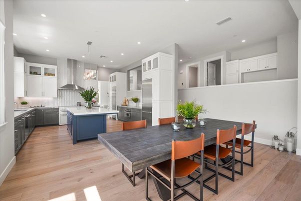 Dining room, Interior, Kitchen, Pendant Lights, Recessed Lighting, Stainless Steel Appliances, Wood Texture Flooring