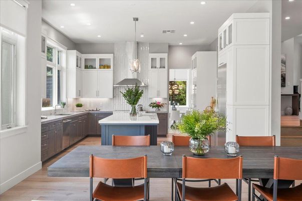 Dining room, Interior, Kitchen, Pendant Lights, Recessed Lighting, Stainless Steel Appliances, Wood Texture Flooring