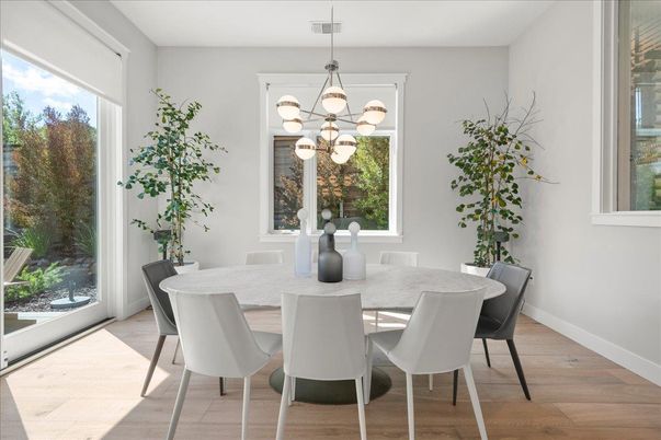 Dining room, Interior, Pendant Lights, Wood Texture Flooring