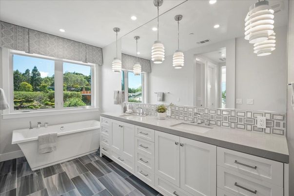 Bathroom, Dual Sink Vanities, Free Standing Baths, Interior, Pendant Lights, Recessed Lighting