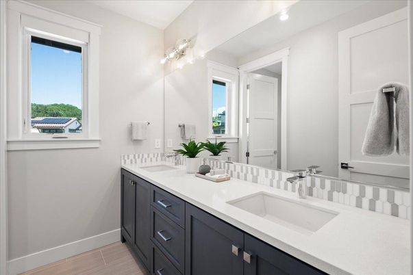 Bathroom, Dual Sink Vanities, Interior, Recessed Lighting, Wood Texture Flooring