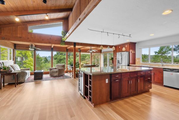 Interior, Kitchen, Living room, Recessed Lighting, Stainless Steel Appliances, Wooden Beams, Wooden Ceilings, Wood Texture Flooring