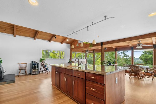 Dining room, Interior, Pendant Lights, Recessed Lighting, Wooden Beams, Wooden Ceilings, Wood Texture Flooring