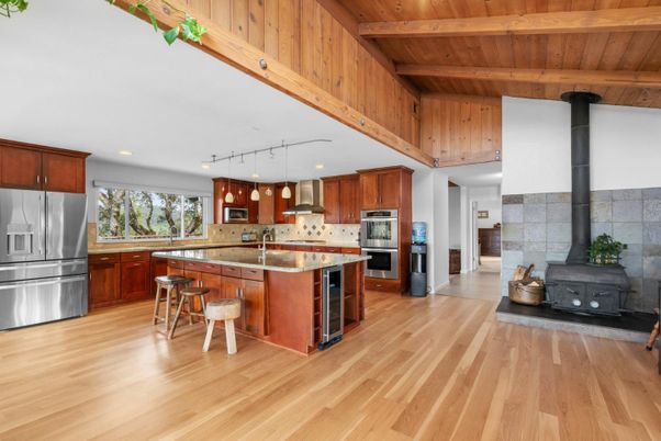 Interior, Kitchen, Recessed Lighting, Stainless Steel Appliances, Wooden Beams, Wooden Ceilings, Wood Texture Flooring