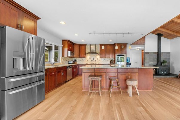 Interior, Kitchen, Pendant Lights, Recessed Lighting, Stainless Steel Appliances, Wood Texture Flooring