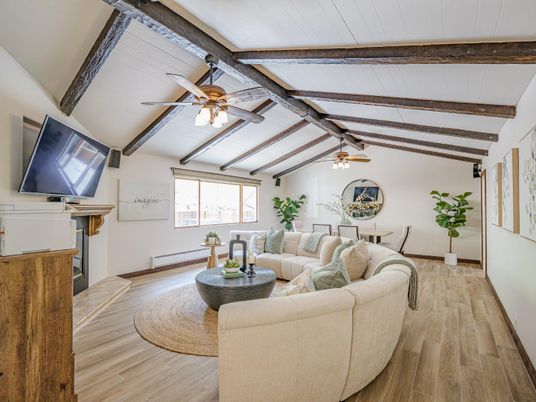 Dining room, Fireplace, Interior, Living room, Wooden Beams, Wood Texture Flooring
