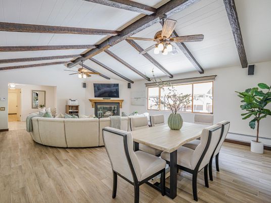 Dining room, Fireplace, Interior, Living room, Wooden Beams, Wood Texture Flooring