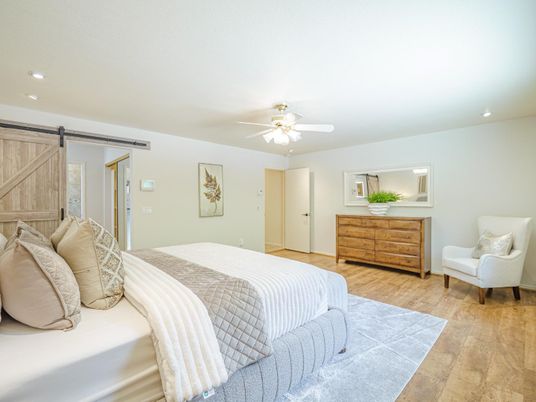 Bedroom, Interior, Recessed Lighting, Wood Texture Flooring