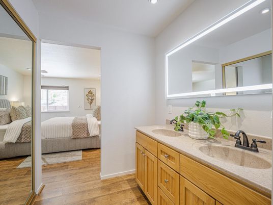 Bathroom, Bedroom, Dual Sink Vanities, Interior, Recessed Lighting, Wood Texture Flooring