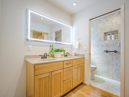 Bathroom, Dual Sink Vanities, Interior, Recessed Lighting, Wood Texture Flooring