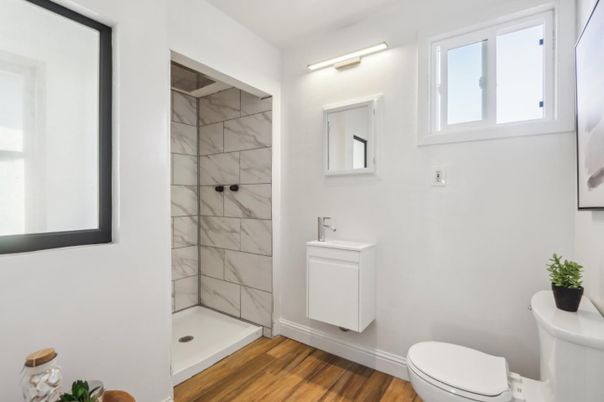 Bathroom, Interior, Marble Walls, Wood Texture Flooring