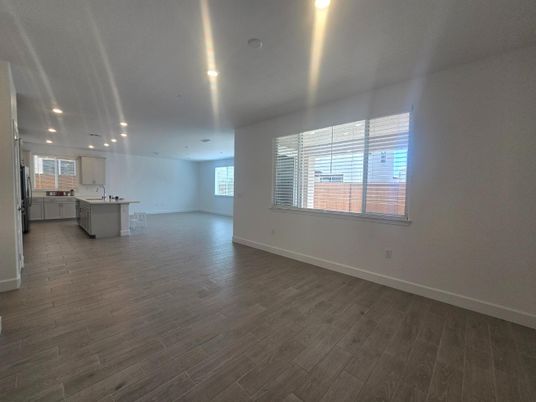 Empty room, Interior, Kitchen, Pendant Lights, Recessed Lighting, Wood Texture Flooring