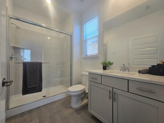 Bathroom, Glass Shower, Interior, Recessed Lighting, Wood Texture Flooring