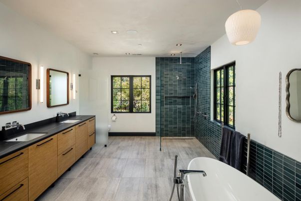 Bathroom, Dual Sink Vanities, Free Standing Baths, Glass Shower, Interior, Pendant Lights, Recessed Lighting
