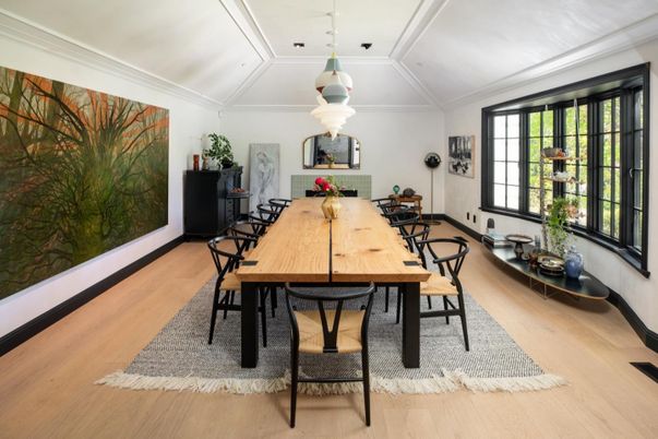Dining room, Interior, Pendant Lights, Wood Texture Flooring